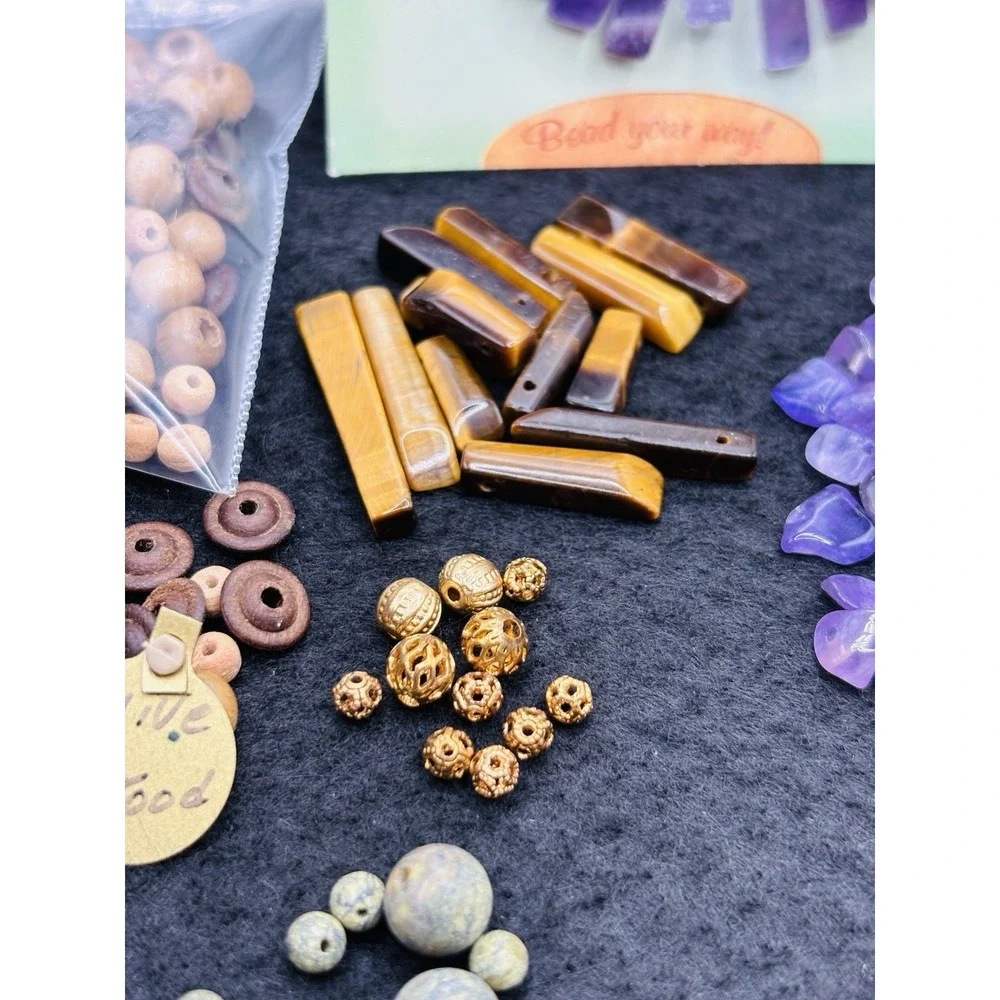 Lot of Jewelry Making Bead mix Amethyst Gemstone Chips Jade shell olive wood Hex